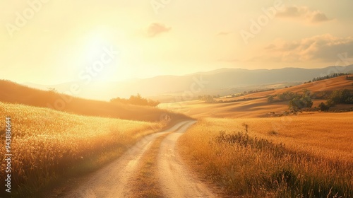 A road for safe travels with mountains, clouds, and trees in the background and a sun in the sky