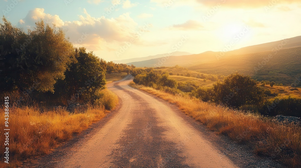 A road for safe travels with mountains, clouds, and trees in the background and a sun in the sky A road for safe travels with mountains, clouds, and trees in the background and a sun in the sky