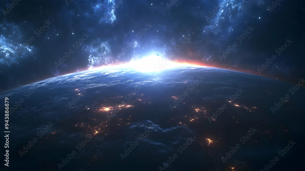 Earth from space with a bright sun rising above the horizon and twinkling stars. Earth from space with a bright sun rising above the horizon and twinkling stars.