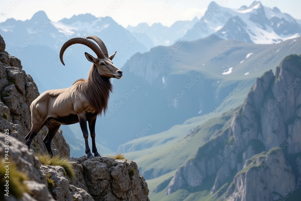 A Majestic Ibex Standing on a Rocky Outcrop with a Backdrop of Majestic Mountains Under a Clear Blue Sky, Showcasing Its Long Curved Horns and Thick Fur Adapted to the Rugged Alpine Environment. A Majestic Ibex Standing on a Rocky Outcrop with a Backdrop of Majestic Mountains Under a Clear Blue Sky, Showcasing Its Long Curved Horns and Thick Fur Adapted to the Rugged Alpine Environment.