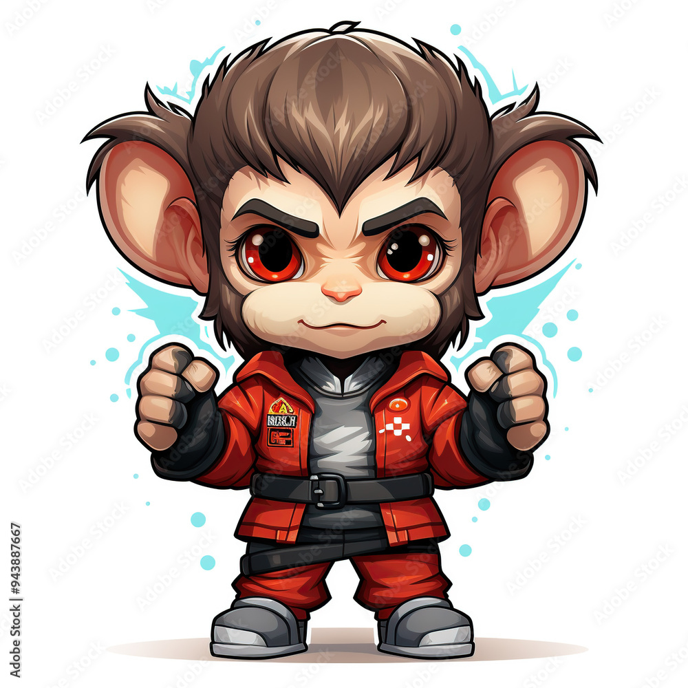 A cartoon monkey in a red jumpsuit with a determined expression and a blue glow around it. A cartoon monkey in a red jumpsuit with a determined expression and a blue glow around it.