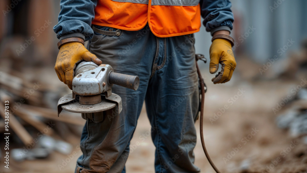 Construction Worker Holding Angle Grinder in Industrial Setting, Wearing Safety Gear Including Gloves, Work Pants, and High-Visibility Vest Construction Worker Holding Angle Grinder in Industrial Setting, Wearing Safety Gear Including Gloves, Work Pants, and High-Visibility Vest