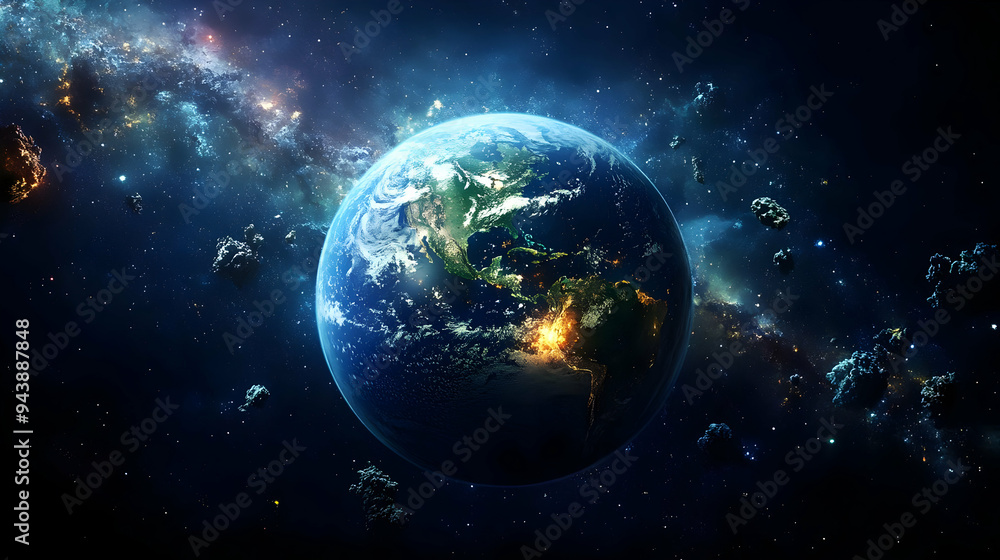 Earth from space with bright stars, a galaxy and glowing meteors. Earth from space with bright stars, a galaxy and glowing meteors.