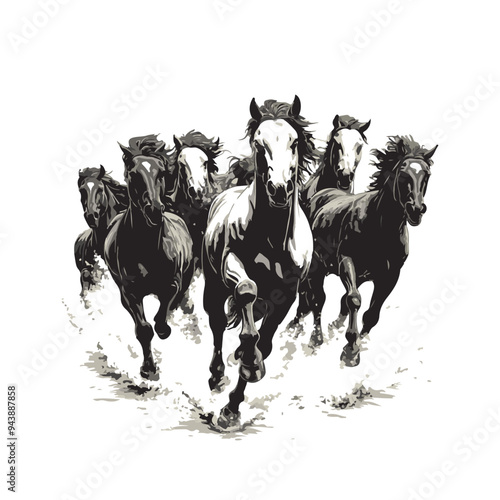 Herd of galloping horses captured in a monochrome vector style, showcasing their power and energy as they run towards the viewer, creating a dynamic and striking visual effect