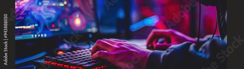 Gamer's hands typing on mechanical keyboard with RGB lighting, surrounded by vibrant gaming setup. Intense gaming session in progress.