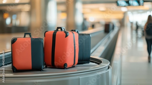 Airport baggage claim area with suitcases circling on a conveyor belt and travelers waiting, Airport, Post-Flight Routine photo