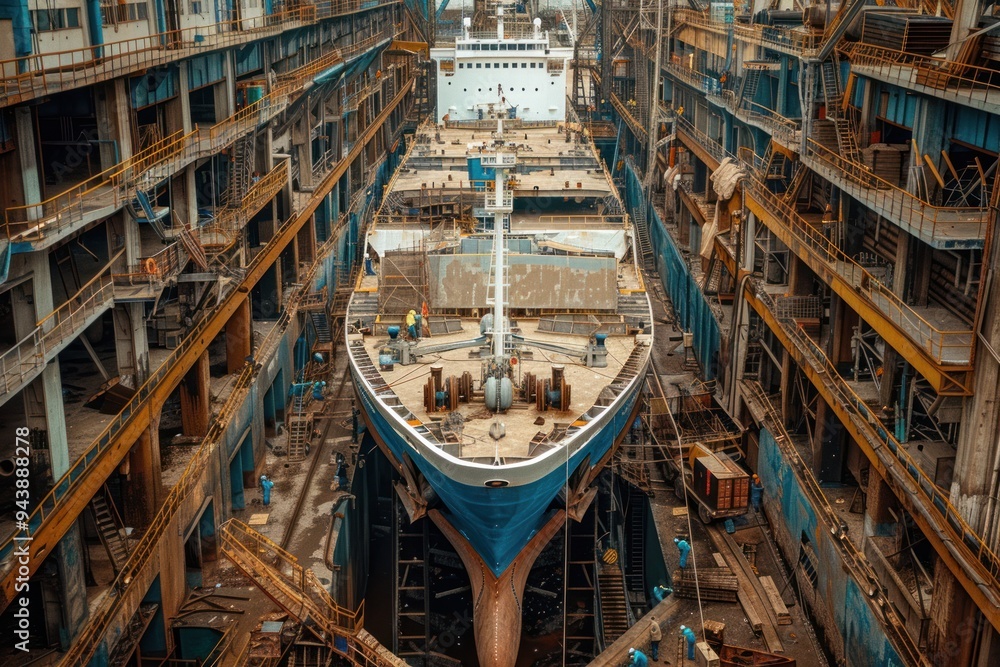 A large blue ship is being built in a shipyard A large blue ship is being built in a shipyard