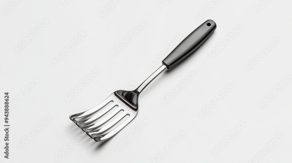 A 3D simple style icon of a shiny metal spatula with a rubber handle resting on a clean white background representing kitchen utensils and cooking tools. A 3D simple style icon of a shiny metal spatula with a rubber handle resting on a clean white background representing kitchen utensils and cooking tools.