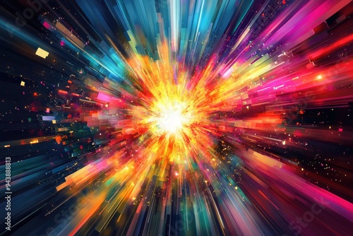 A vibrant explosion of colors and shapes, resembling an exploding star or cosmic event, radiating from the center with rays spreading out in all directions. 