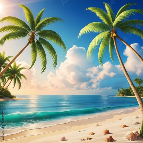 Best travel landscape. Paradise beach tropical island background beautiful palm trees, closeup sea waves sunshine blue sky clouds. Luxury travel summer vacation website design zen inspire wallpaper photo