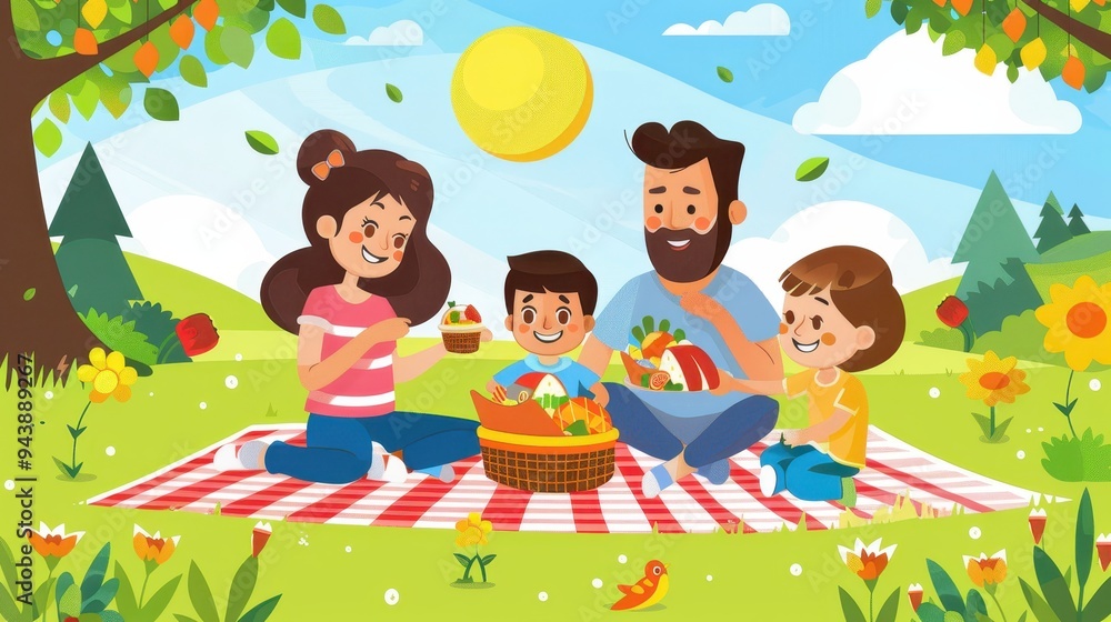 Illustration of a happy family enjoying a picnic in a beautiful park on a sunny day, surrounded by trees and flowers. Illustration of a happy family enjoying a picnic in a beautiful park on a sunny day, surrounded by trees and flowers.