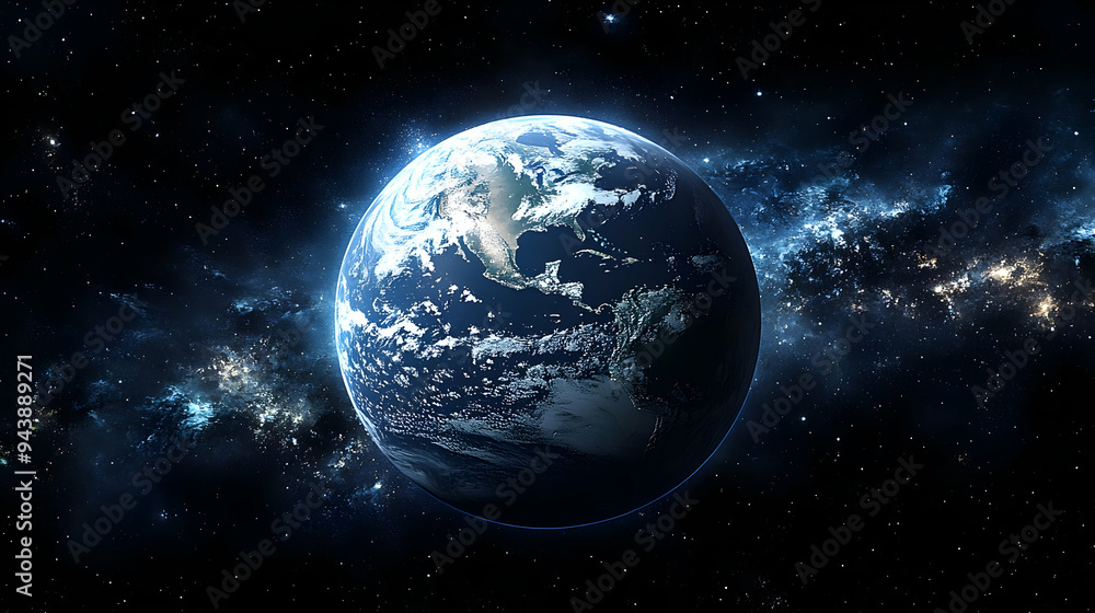 Obraz premium Earth glows brightly in a dark expanse of space, surrounded by twinkling stars and a hazy nebula.