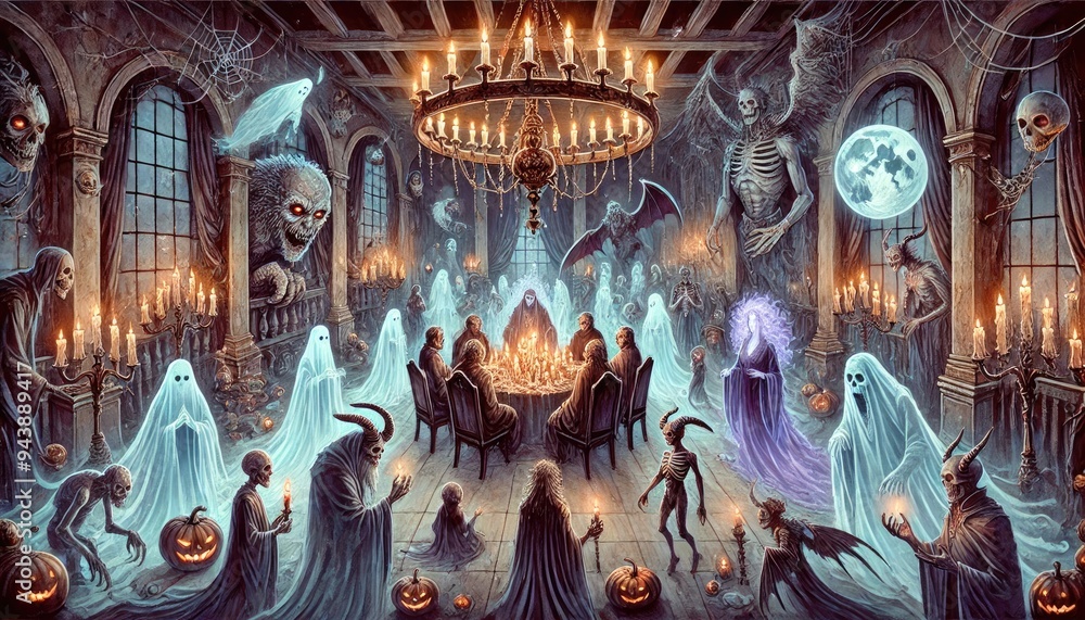 Obraz premium Haunted Mansion Gathering Spooky Watercolor Scene of Ghosts and Demons