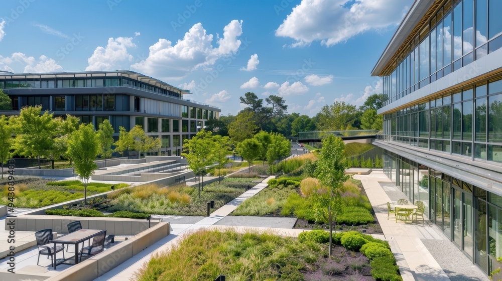 Fototapeta premium Tranquil Biophilic Design in University Campus: Green Roofs and Outdoor Study Areas Overlooking Nature