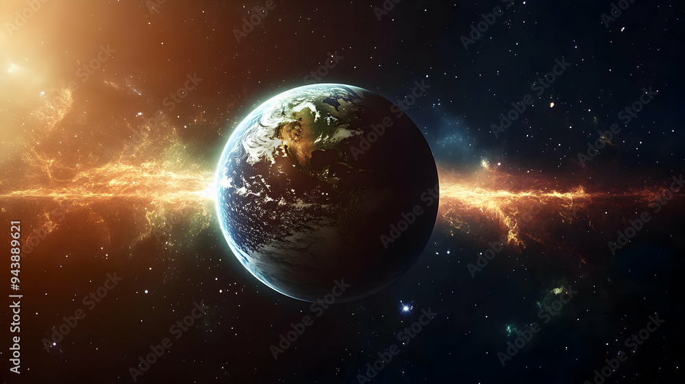 Fototapeta premium Earth in space with a bright light source.