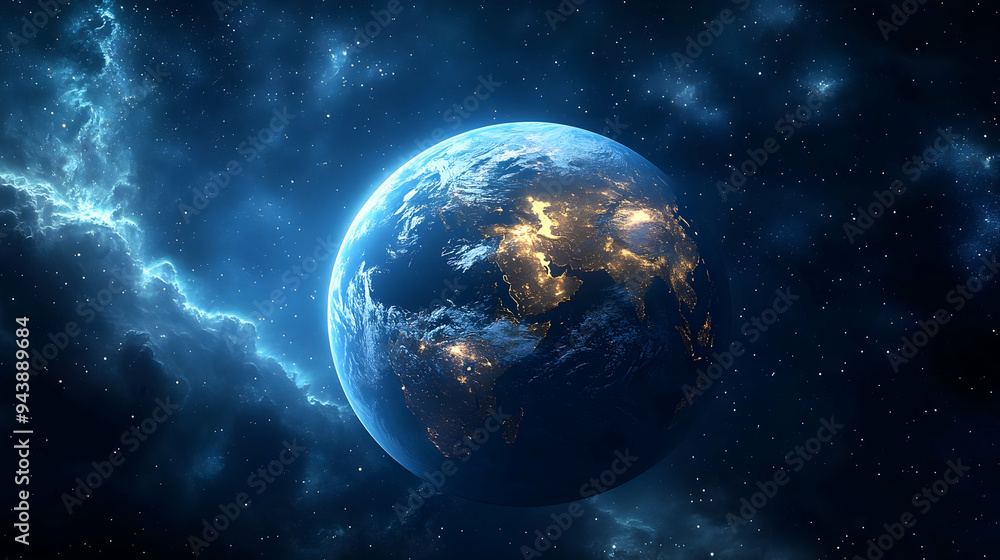 Obraz premium Earth in space with a nebula behind it.