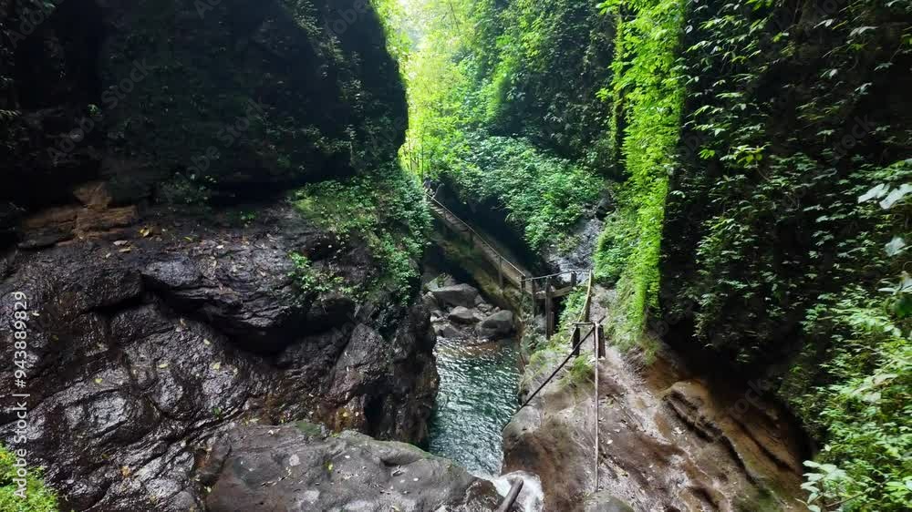 Waterfall hidden in tropical rainforest jungle with ray of light, Lush green leaves is moving from the wind. Trails. Cliff. Waterfall hidden in tropical rainforest jungle with ray of light, Lush green leaves is moving from the wind. Trails. Cliff.
