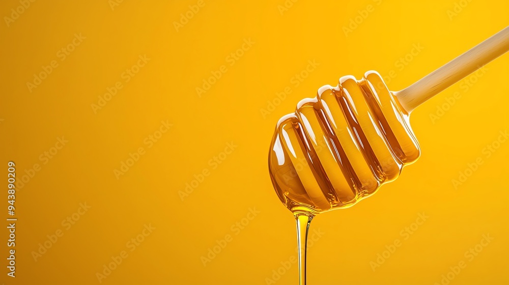 Honey dripping from a honey dipper, closeup view, 3D illustration Honey dripping from a honey dipper, closeup view, 3D illustration
