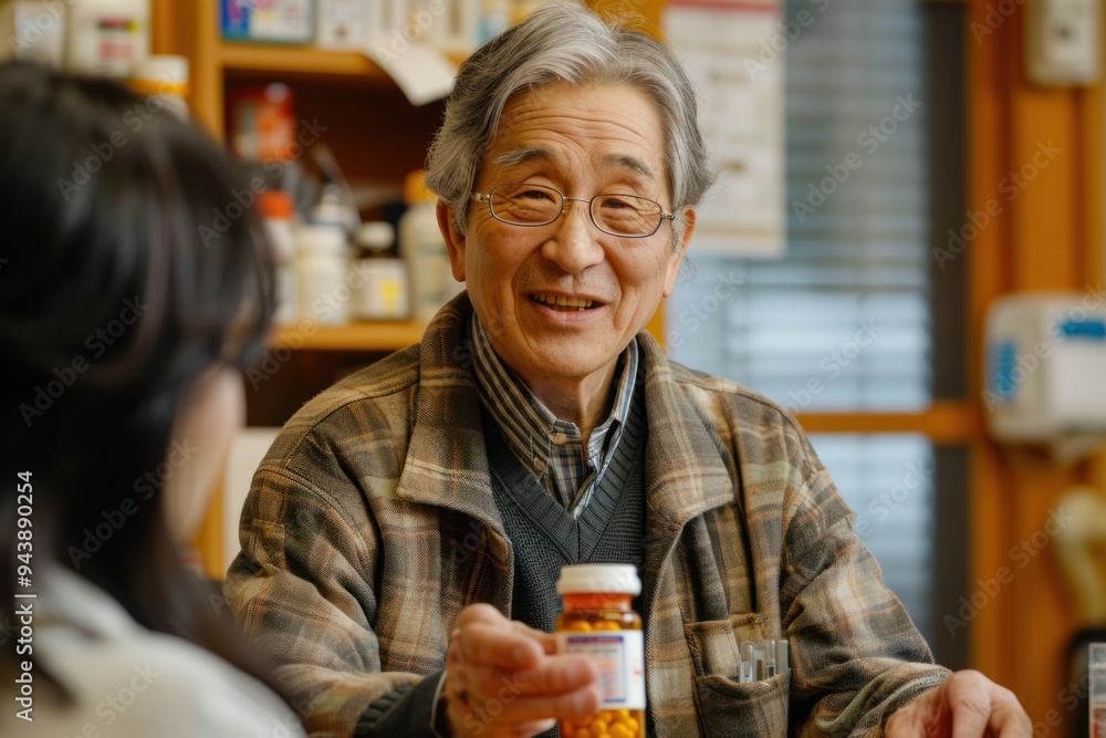 An older man is smiling and holding a bottle of pills An older man is smiling and holding a bottle of pills