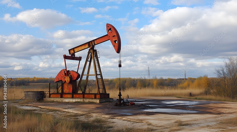 An oil pumpjack in a serene landscape, surrounded by open fields and a dramatic sky, symbolizing energy production. An oil pumpjack in a serene landscape, surrounded by open fields and a dramatic sky, symbolizing energy production.