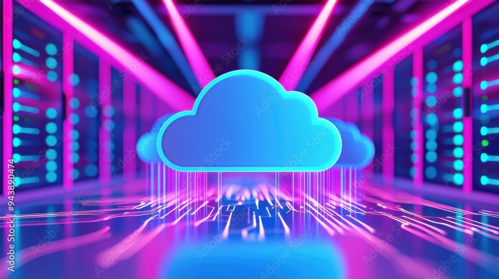 Futuristic cloud computing concept with neon lights in a digital server room, showcasing technology and connectivity. Futuristic cloud computing concept with neon lights in a digital server room, showcasing technology and connectivity.
