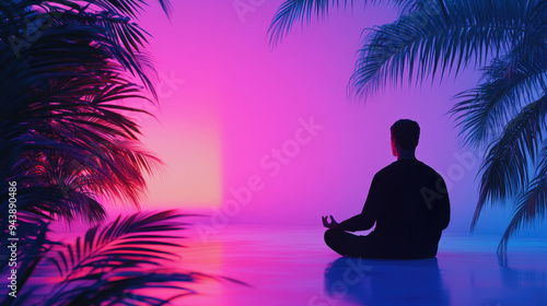 Person meditating in a serene atmosphere surrounded by tropical plants and vibrant purple and pink lighting