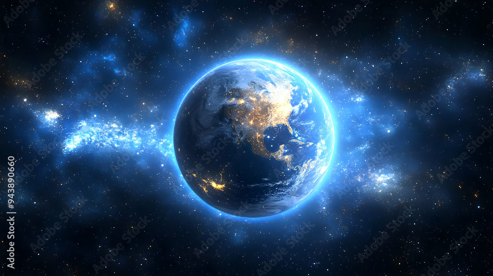 Earth in the Milky Way surrounded by glowing nebulae and stars. Earth in the Milky Way surrounded by glowing nebulae and stars.