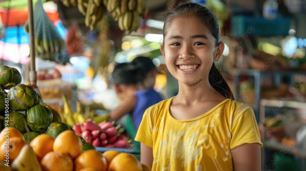 A Laotian teenager helping out at a family market stall, interacting with customers and smiling A Laotian teenager helping out at a family market stall, interacting with customers and smiling