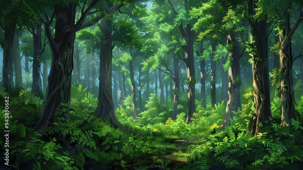 Lush green dense forest with towering trees and vibrant foliage, sunlight filtering through the canopy, creating a serene and tranquil atmosphere. Lush green dense forest with towering trees and vibrant foliage, sunlight filtering through the canopy, creating a serene and tranquil atmosphere.