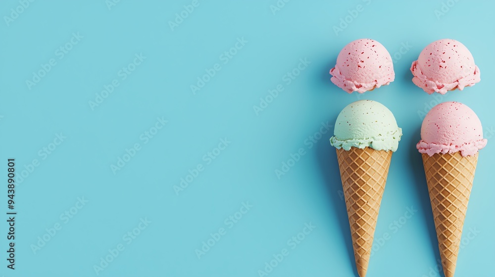 Waffle cone with ice cream scoops, summer delight, 3D illustration Waffle cone with ice cream scoops, summer delight, 3D illustration