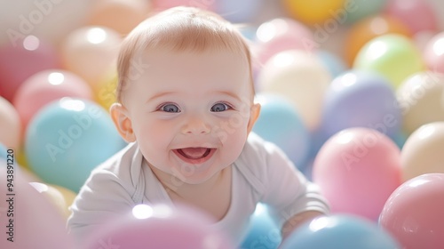 Joyful baby immersed in a pastel-hued ball pit, giggling with delight, surrounded by colorful spheres in a high-key lighting setup.