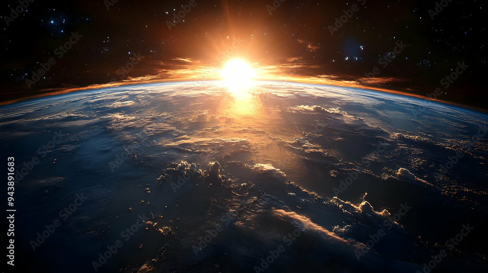 Earth seen from space with the sun rising in the distance. Earth seen from space with the sun rising in the distance.