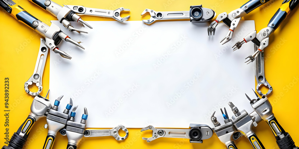 Robotic arm border with futuristic tools framing copy space concept as ...