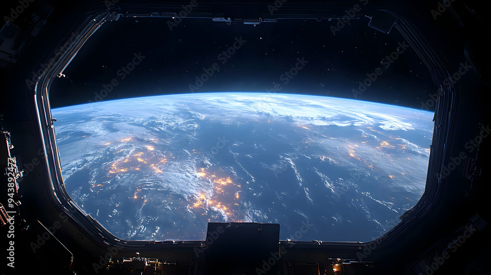 Earth viewed from a spaceship window with a starry sky above and city lights glowing below. Earth viewed from a spaceship window with a starry sky above and city lights glowing below.