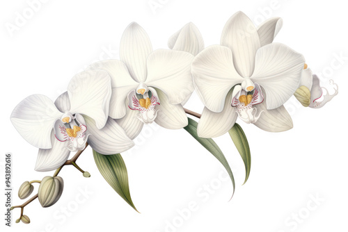 Botanical illustration of orchid flower, isolated on white background.
