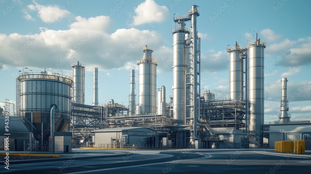 Obraz premium Modern refinery architecture featuring towering silos and industrial structures, emphasizing the scale of factory operations.