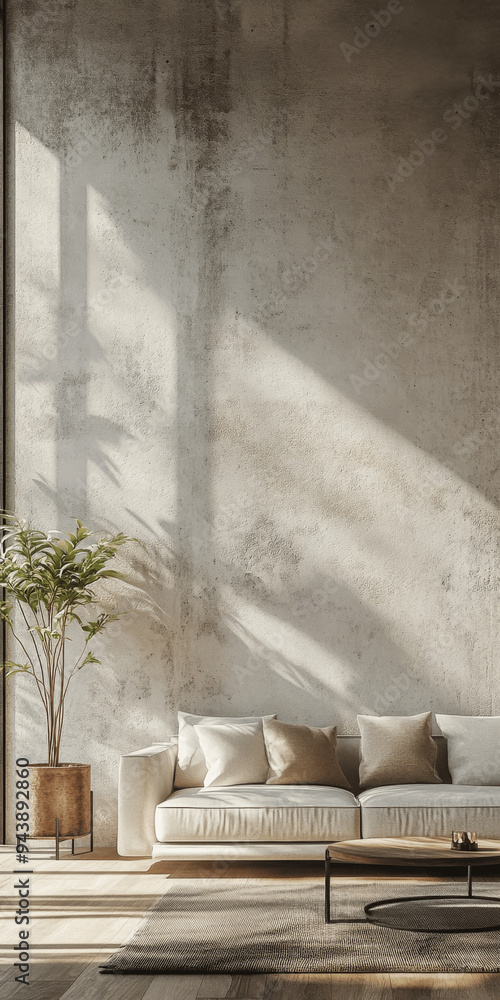 Boucle Sofa Against Concrete Wall in Minimalist Loft Living Room Boucle Sofa Against Concrete Wall in Minimalist Loft Living Room