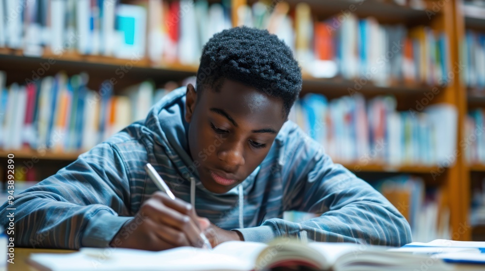A black teenager focusing on homework at a library table, surrounded by textbooks and notes A black teenager focusing on homework at a library table, surrounded by textbooks and notes