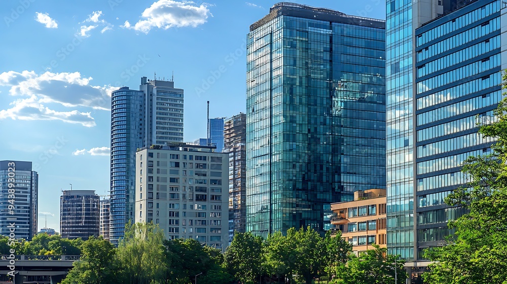 Panoramic skyline and buildings with many glass windows Panoramic skyline and buildings with many glass windows