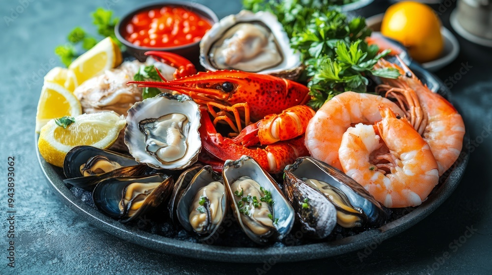 Fresh seafood platter featuring lobsters, shrimp, and oysters with vibrant garnishes Fresh seafood platter featuring lobsters, shrimp, and oysters with vibrant garnishes
