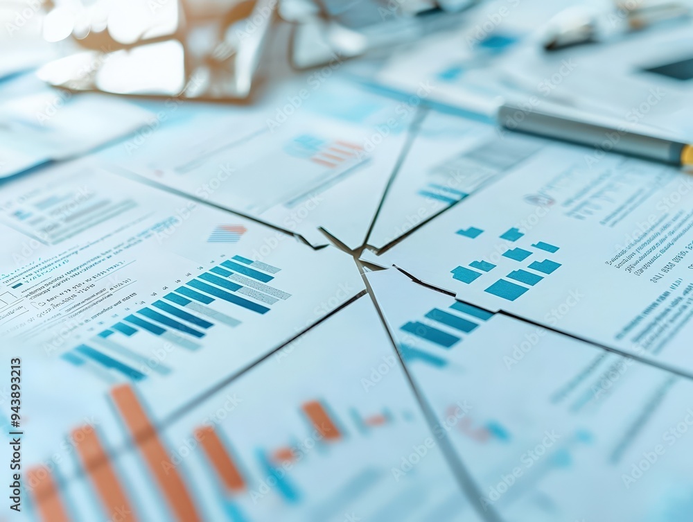 Detailed analysis of business metrics and statistics presented in various charts and graphs on paper documents. Detailed analysis of business metrics and statistics presented in various charts and graphs on paper documents.