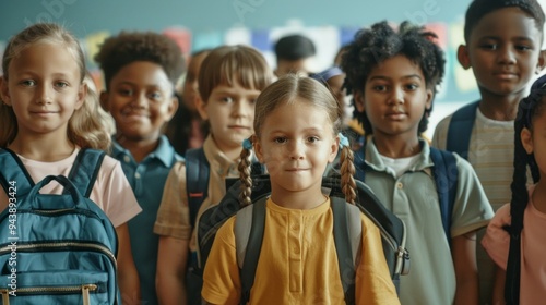 A group of children are standing in a line, smiling and wearing backpacks