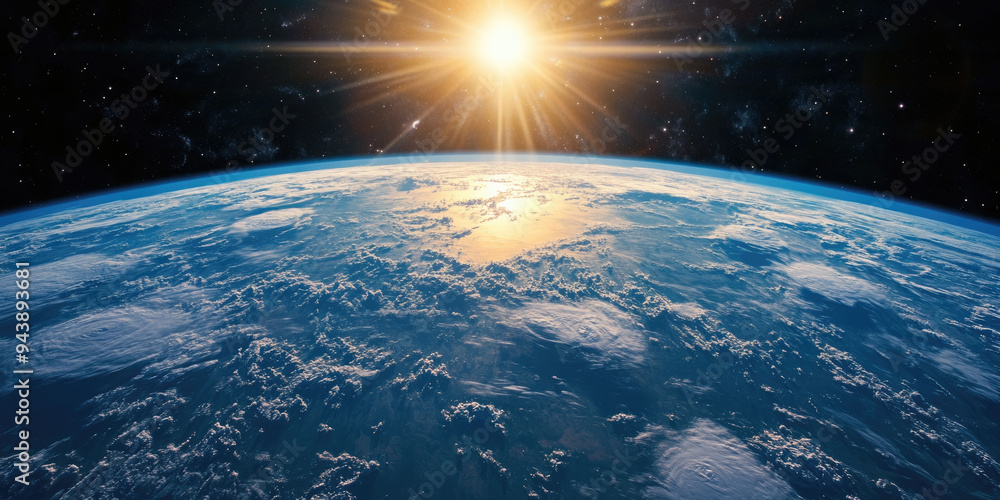 View from the cosmos to the planet earth, where the sun illuminates part of the planet in the early morning. space, stars. Science fiction concept, fantasy. View from the cosmos to the planet earth, where the sun illuminates part of the planet in the early morning. space, stars. Science fiction concept, fantasy.
