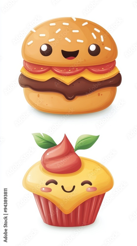 A delightful set of food icons showcases a cheerful burger and a cute cupcake, ideal for playful themes and culinary projects A delightful set of food icons showcases a cheerful burger and a cute cupcake, ideal for playful themes and culinary projects
