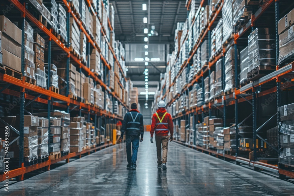 Two men walk through a large warehouse, surrounded by boxes and shelves Two men walk through a large warehouse, surrounded by boxes and shelves