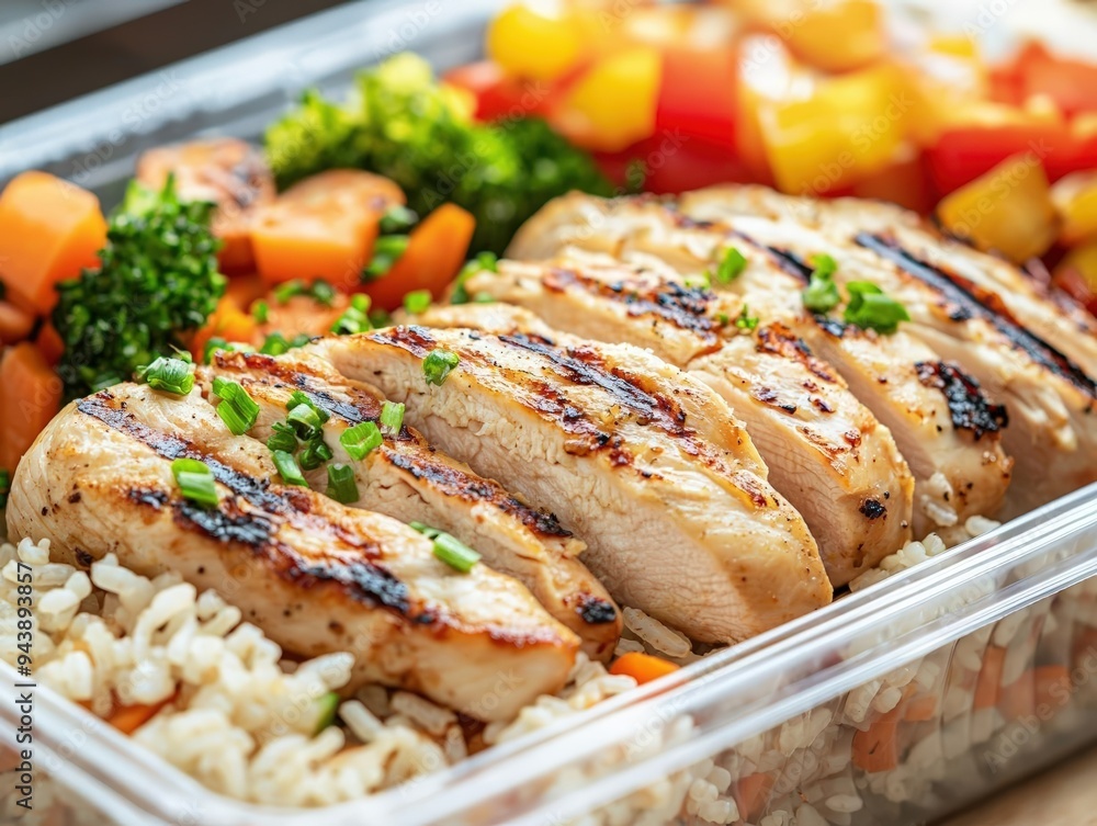 Grilled chicken breast served over rice with colorful vegetables, a perfect healthy meal prep option for nutrition enthusiasts. Grilled chicken breast served over rice with colorful vegetables, a perfect healthy meal prep option for nutrition enthusiasts.
