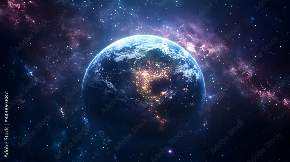 Earth with city lights glowing at night against a backdrop of stars and galaxy. Earth with city lights glowing at night against a backdrop of stars and galaxy.