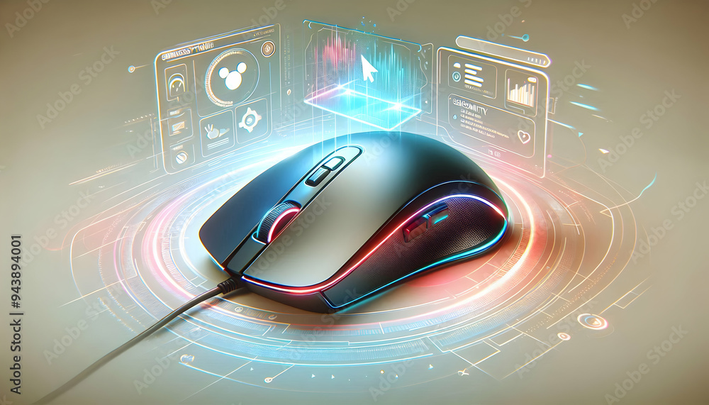 Flat Gaming mouse with holographic sensitivity settings floating concept as A gaming mouse is placed on a white surface with holographic sensitivity settings floating above it. The scene is shot from Flat Gaming mouse with holographic sensitivity settings floating concept as A gaming mouse is placed on a white surface with holographic sensitivity settings floating above it. The scene is shot from