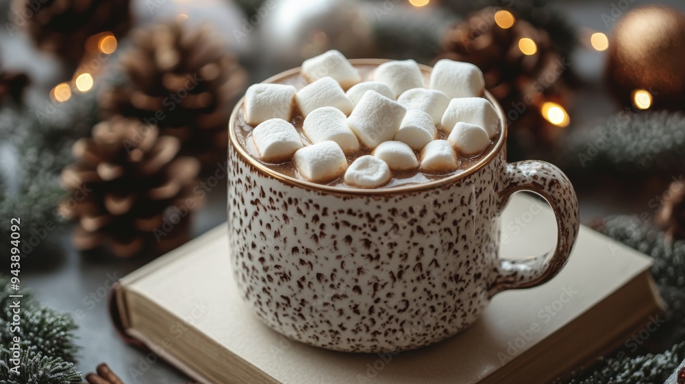 Warm cup of hot cocoa topped with marshmallows surrounded by festive decorations in winter