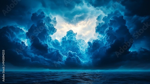 Approaching storm over the sea, dramatic cloud formations, powerful atmosphere, 3D illustration